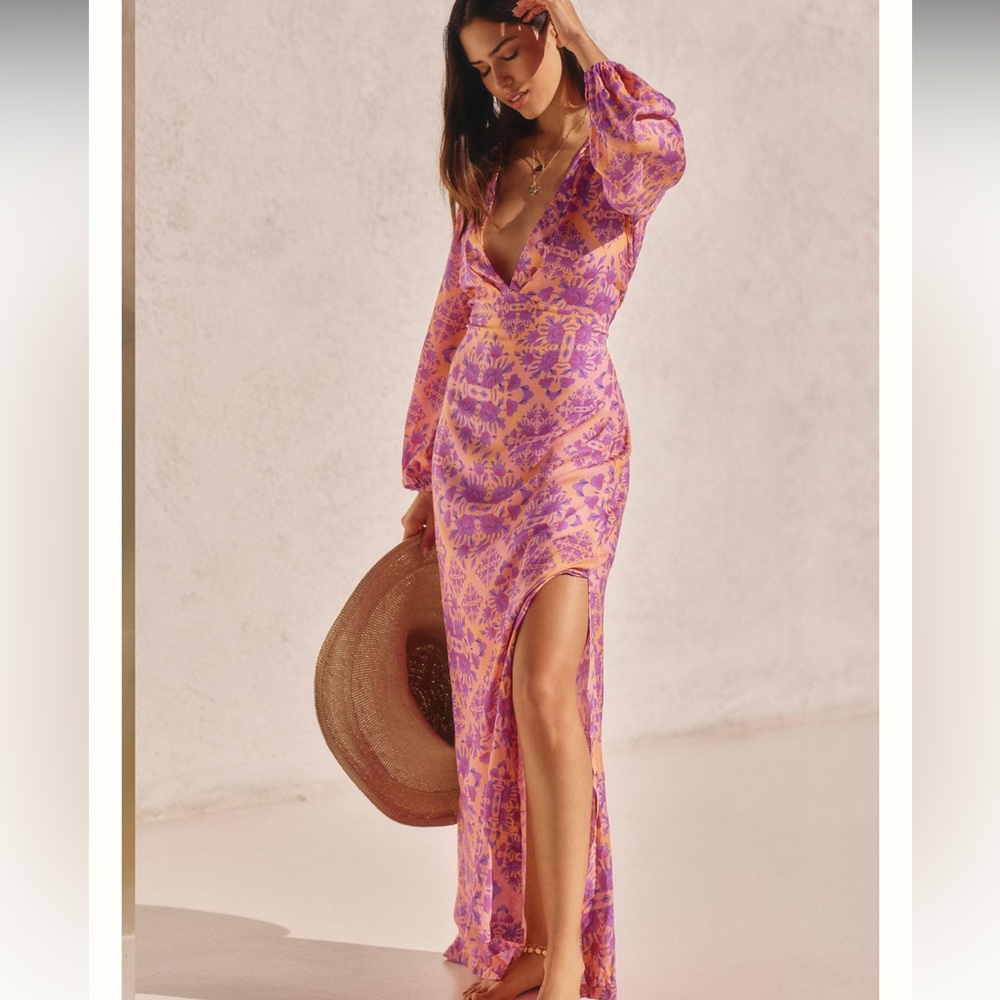 NWT Luli Fama x Anthropologie Printed Deep-V maxi Dress in pink